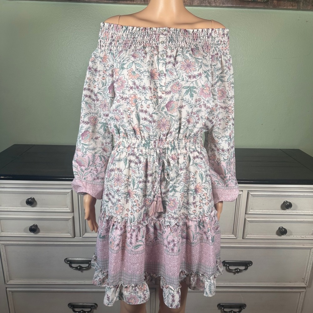 Lovestitch Dress Smocked Floral Off Shoulder Boho Midi Tassel Tie Ruffle Hem
